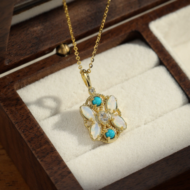 Collier Pierre de Lune – Turquoise Florale, Argent Plaqué Or