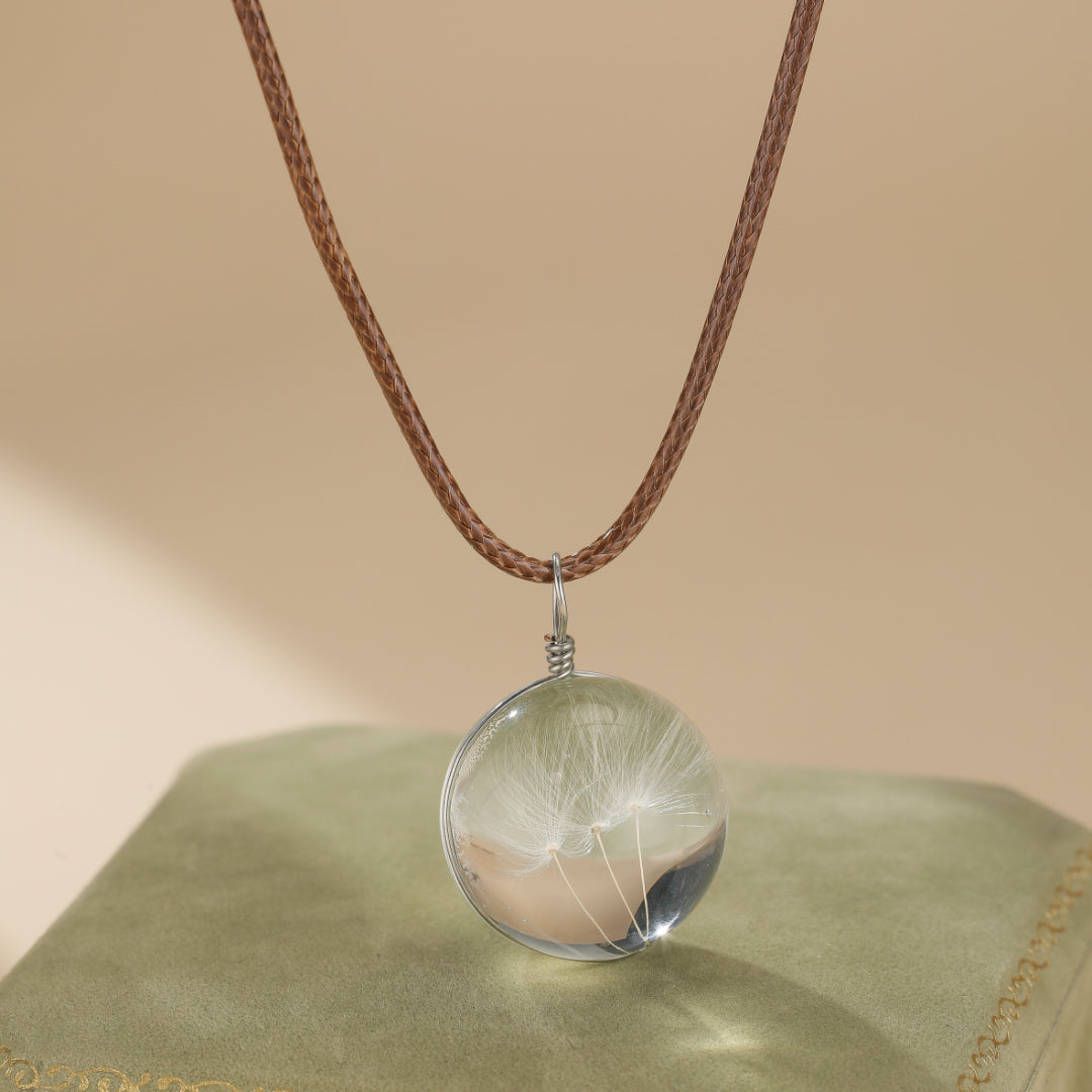 Collier Pissenlit – Vœux Eternels en cristal avec pissenlit naturel, bijou spirituel pour femme symbolisant espoirs, rêves et souhaits éternels. Longueur ajustable 45-50cm.
