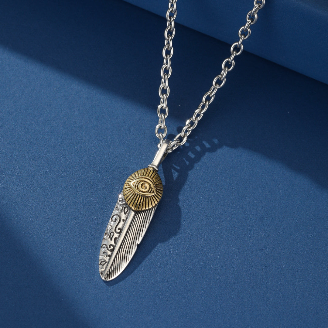 Feather and Eye of Horus Necklace – Ancestral Protection, Sterling Silver 925