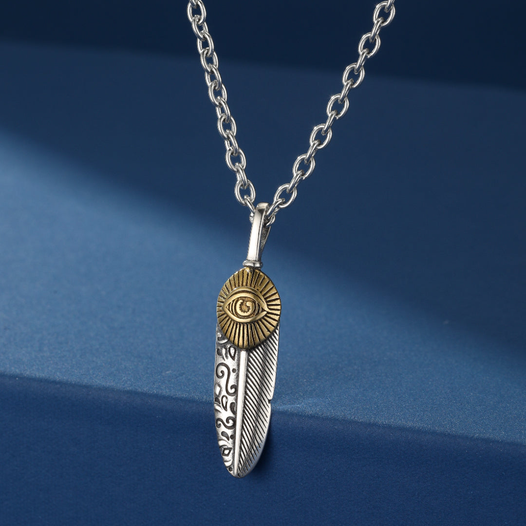 Feather and Eye of Horus Necklace – Ancestral Protection, Sterling Silver 925