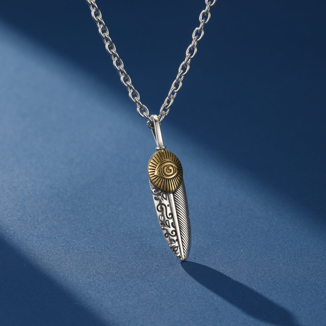 Feather and Eye of Horus Necklace – Ancestral Protection, Sterling Silver 925