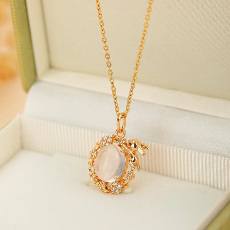 Collier Quartz Rose – Douceur Lapinesque，Argent Plaqué Or