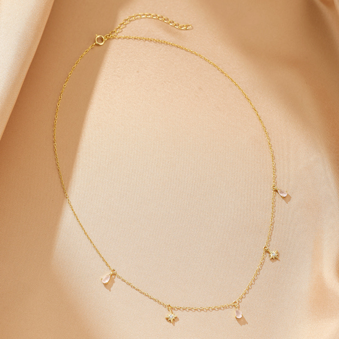 Collier Quartz Rose – Douceur Stellaire, Argent Plaqué Or