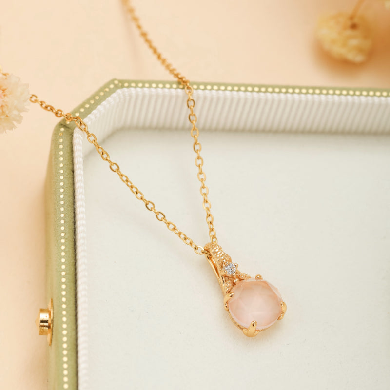 Collier Quartz Rose – Éclat Floral, Argent Plaqué Or