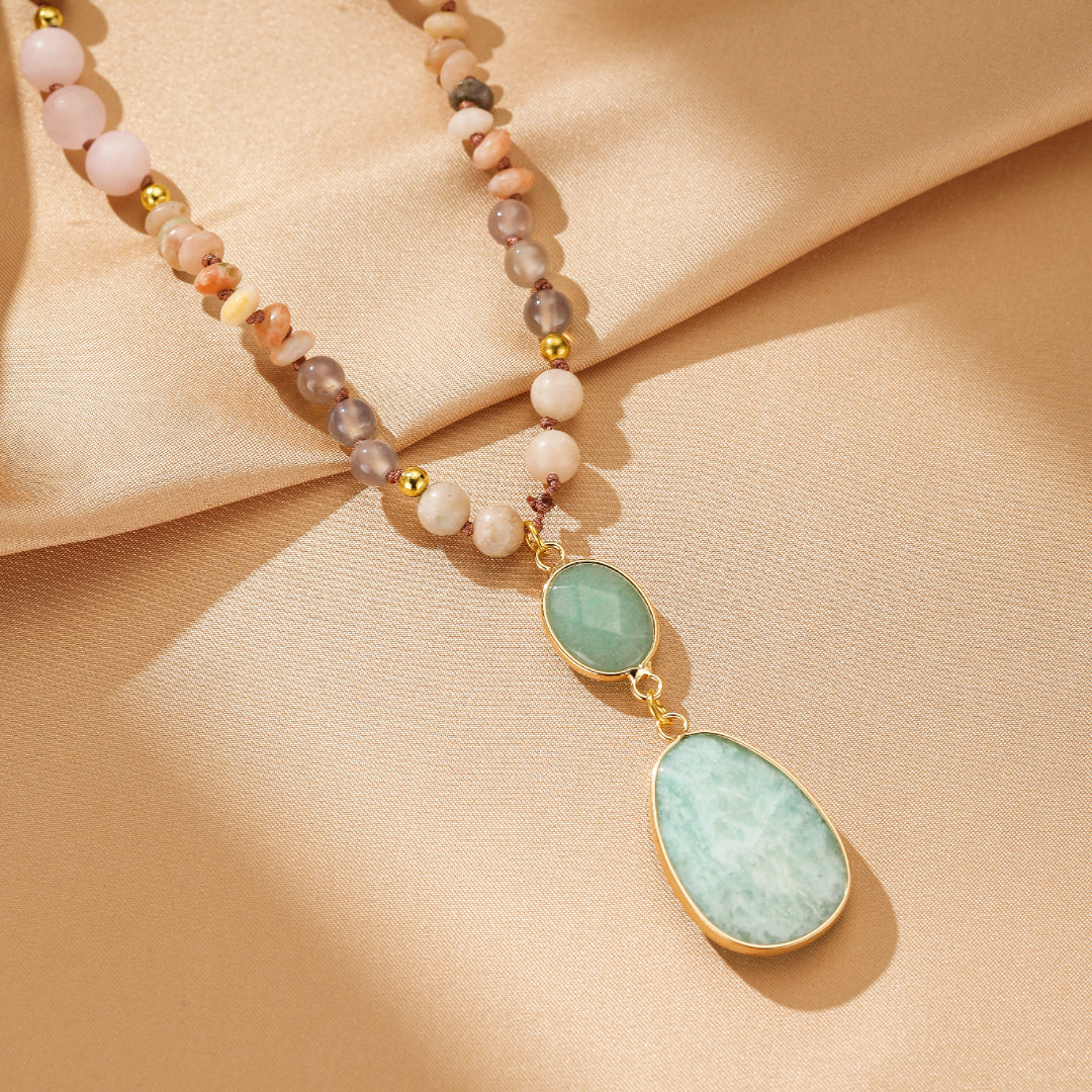 Collier Sautoir Amazonite et Quartz Rose – Harmonie Bohème