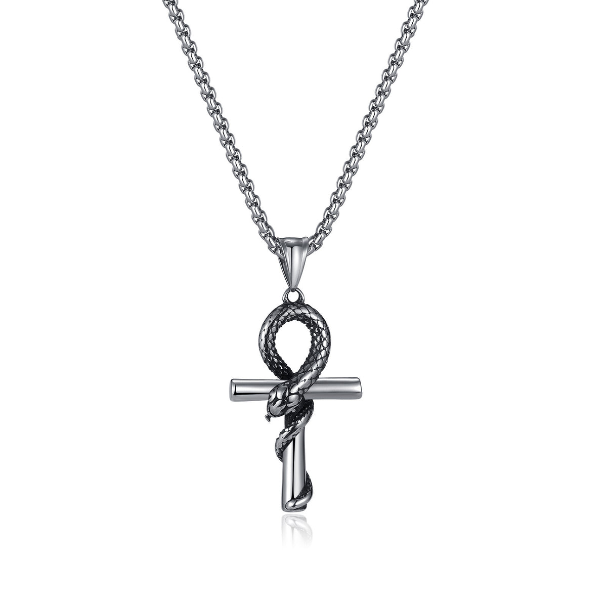 Collier pendentif croix Ankh en acier inoxydable noir avec serpent entrelacé design mystique