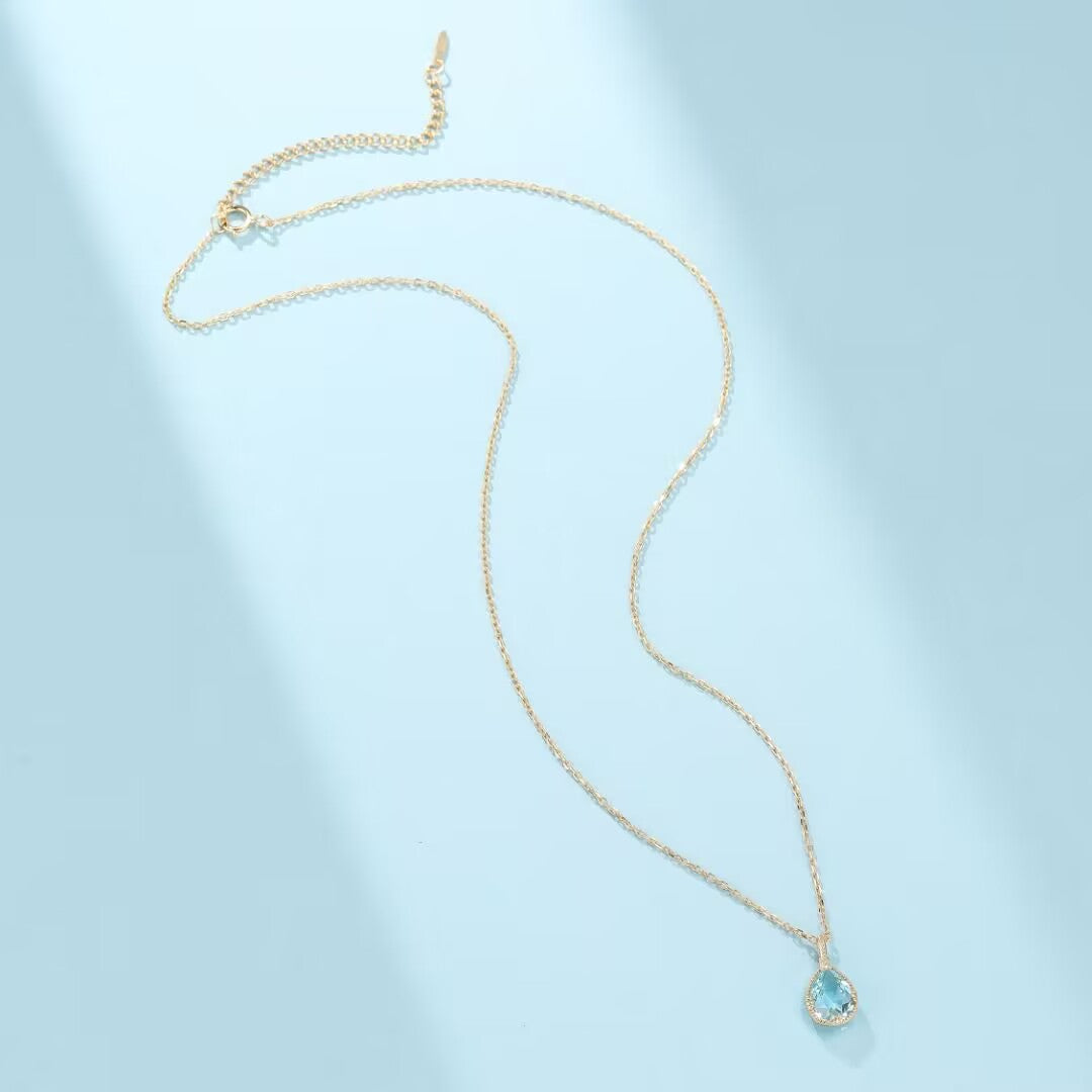 Collier Topaze Bleue – Goutte Céleste, Argent 925 Plaqué Or 14K
