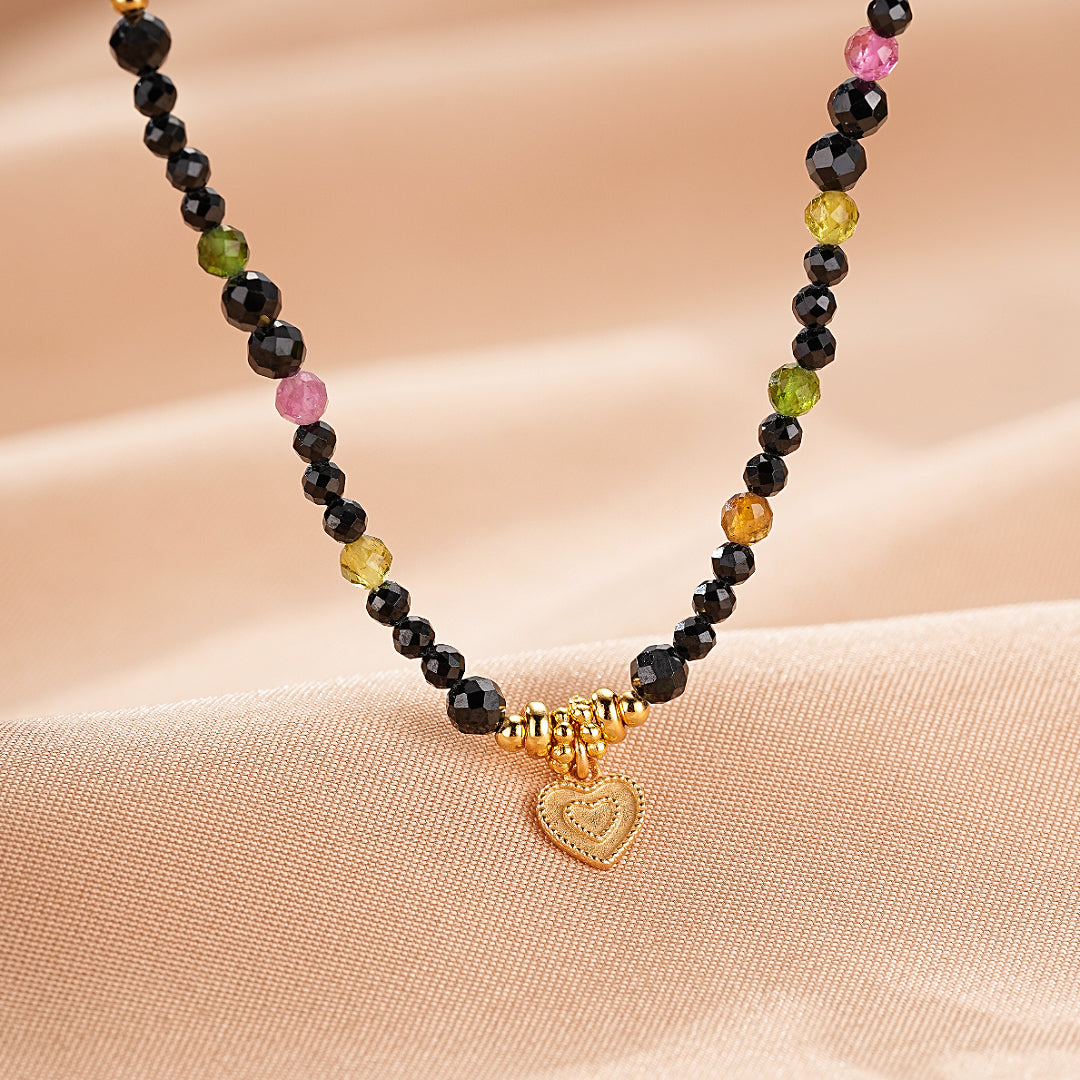Black Tourmaline and Spinel Necklace Jewelry – Heart Talisman, Gold Plated Silver