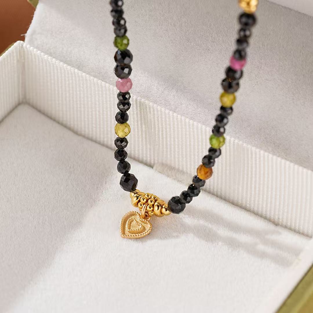 Tourmaline and Black Spinel Necklace Jewelry – Heart Talisman, Gold Plated Silver