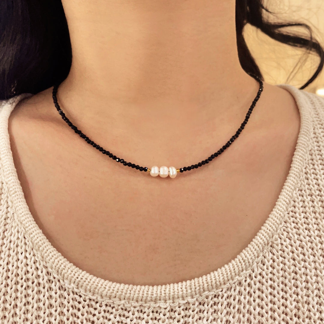 Black Tourmaline and Pearl Necklace – Dark Harmony, Silver