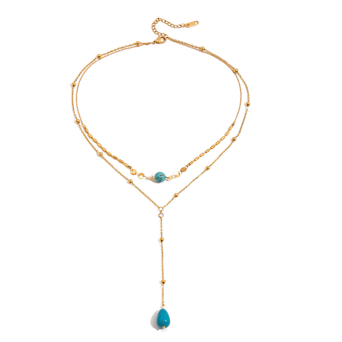 Collier deux rangs en plaqué or avec une turquoise centrale et une goutte de turquoise en pendentif