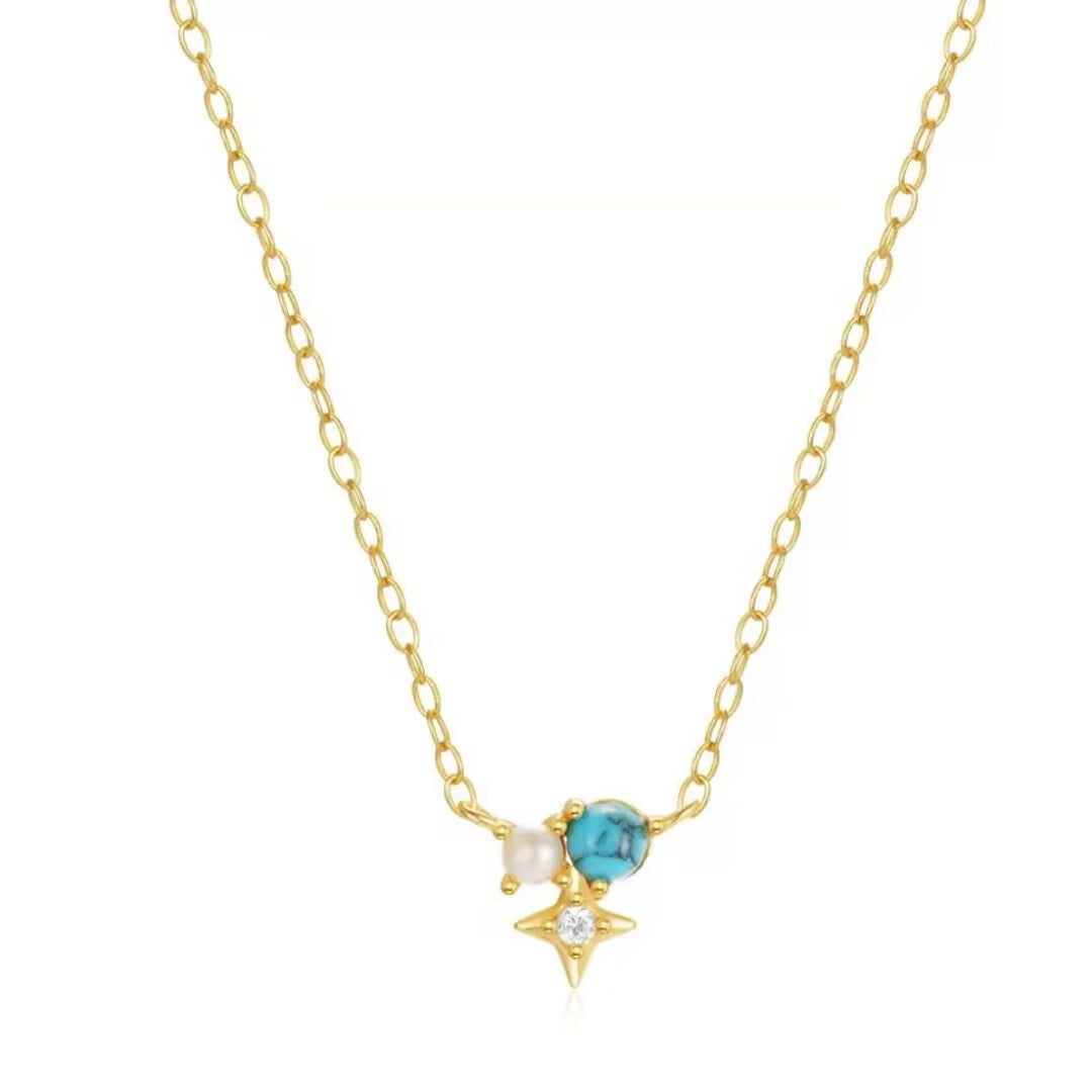 Collier Turquoise et Perle – Oracle des Vagues, Argent Plaqué Or