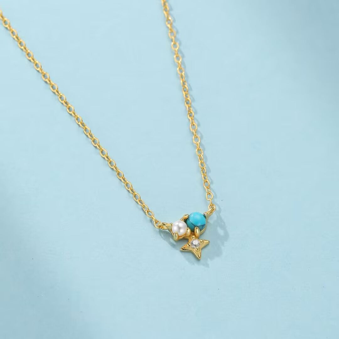Collier Turquoise et Perle – Oracle des Vagues, Argent Plaqué Or