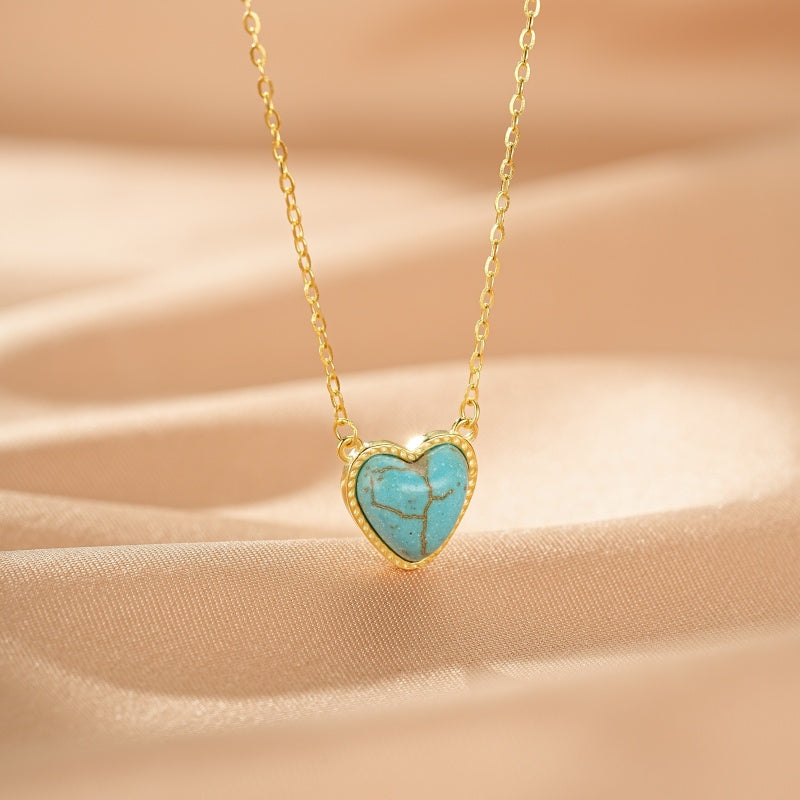 Collier pendentif cœur en turquoise bleue naturelle avec chaîne en argent plaqué or, bijou fantaisie bohème