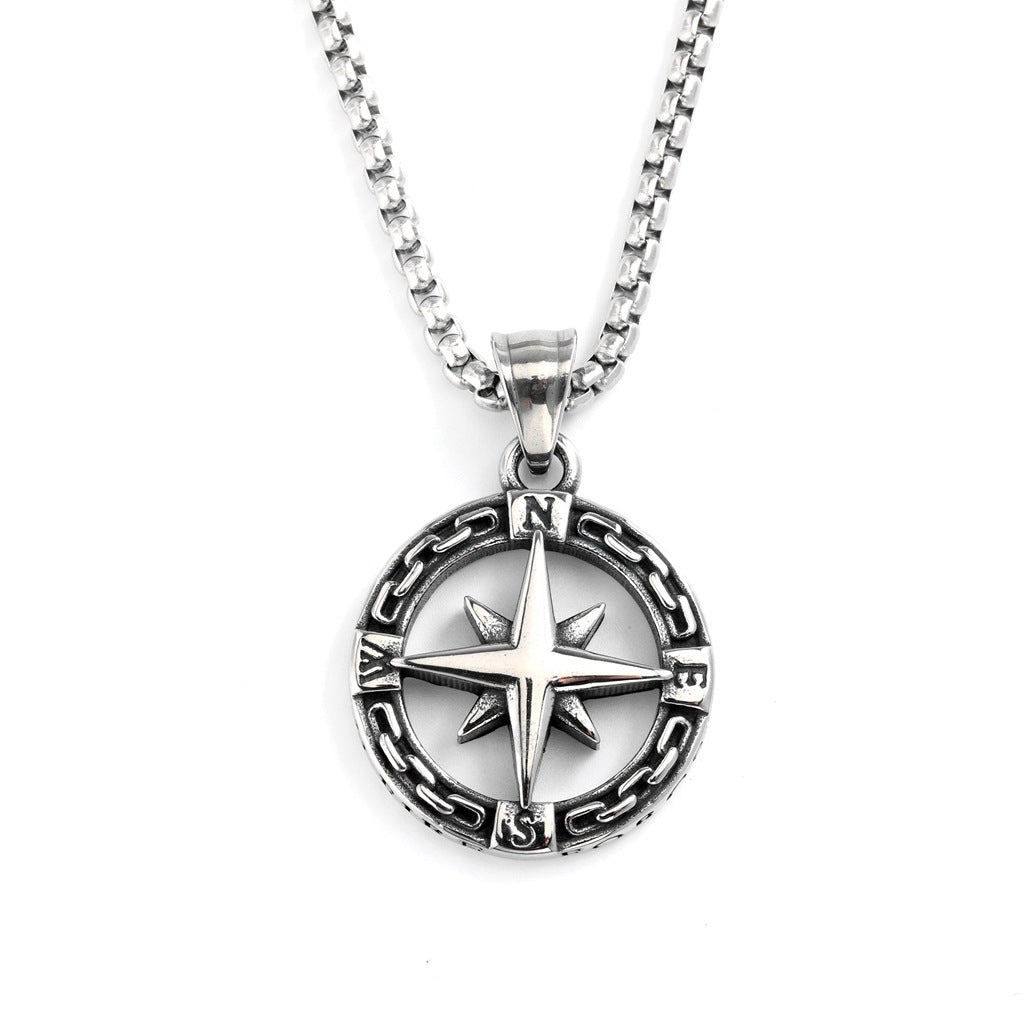 Collier Viking Âme Moderne avec pendentif boussole en acier argenté sur chaîne maille vénitienne