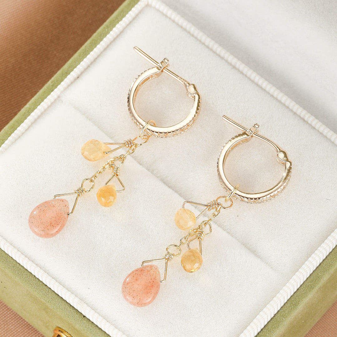 Boucles d'Oreilles Pierre de Soleil et Citrine – Rayons Bohèmes, Argent Plaqué Or