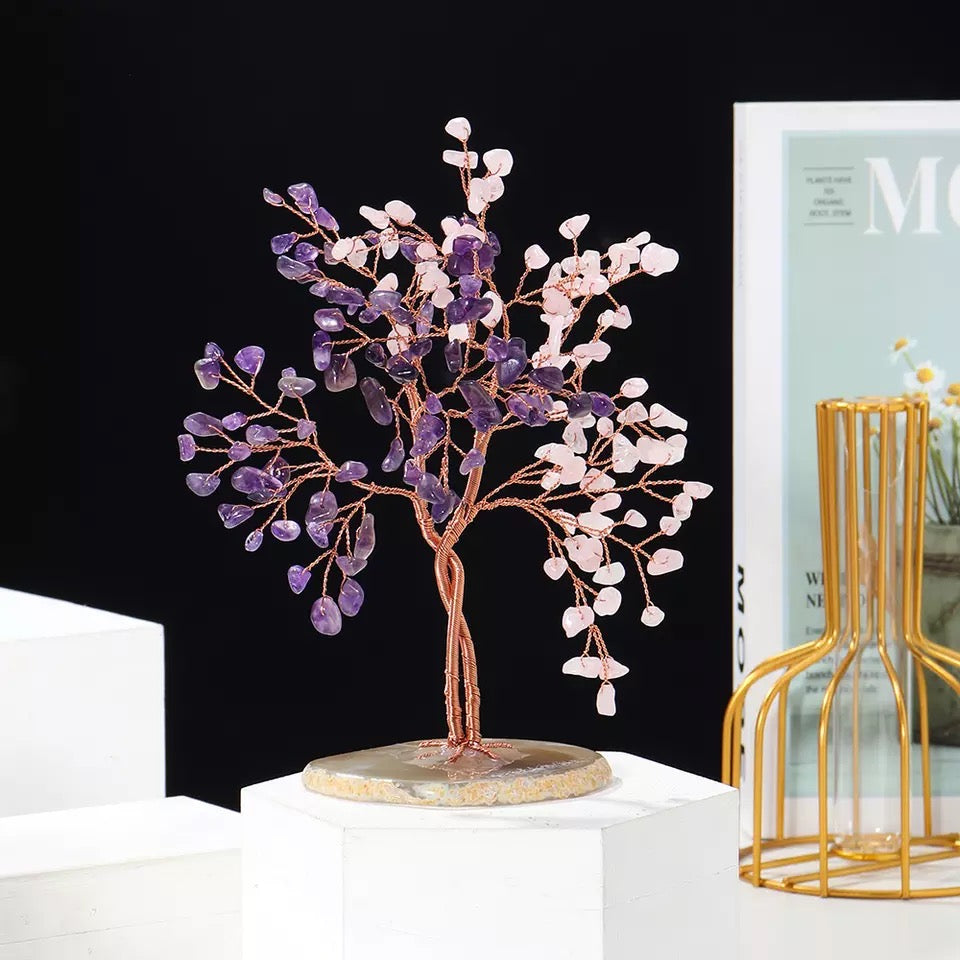 Décoration Feng Shui Arbre de Vie “Les Amoureux” en Deux Types de Pierres Naturelles - Améthyste + Quartz Rose