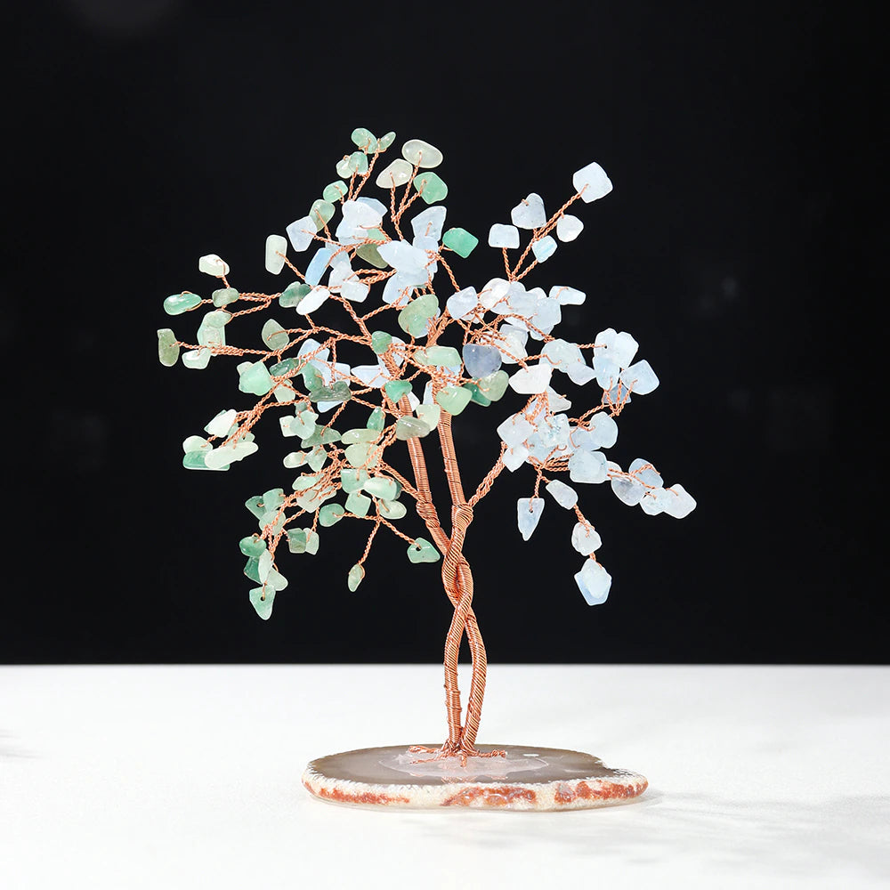 Décoration Feng Shui Arbre de Vie “Les Amoureux” en Deux Types de Pierres Naturelles - Aventurine Verte + Aigue Marine