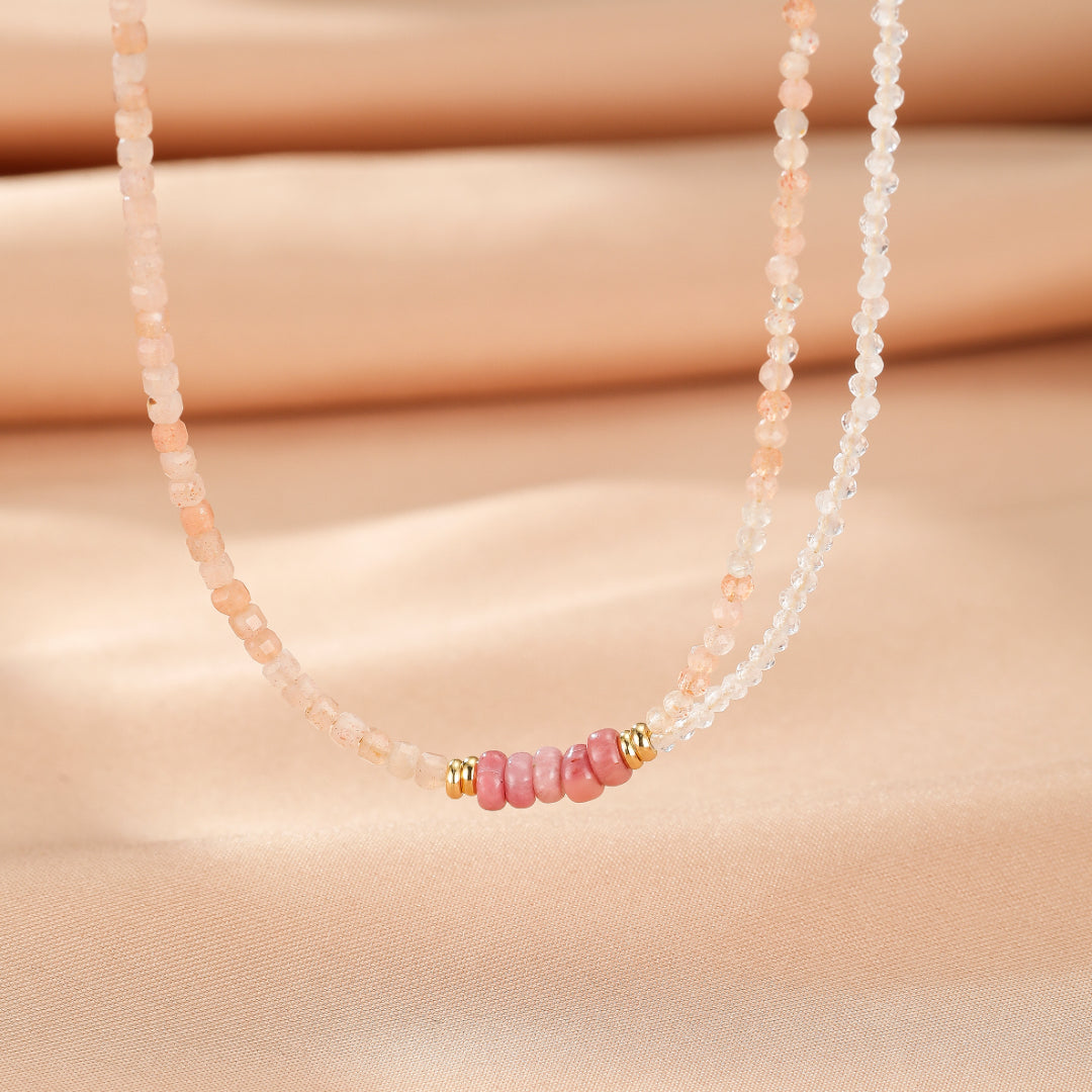 Collier Pierre de Soleil et Cristal de Roche – Aura Pastel
