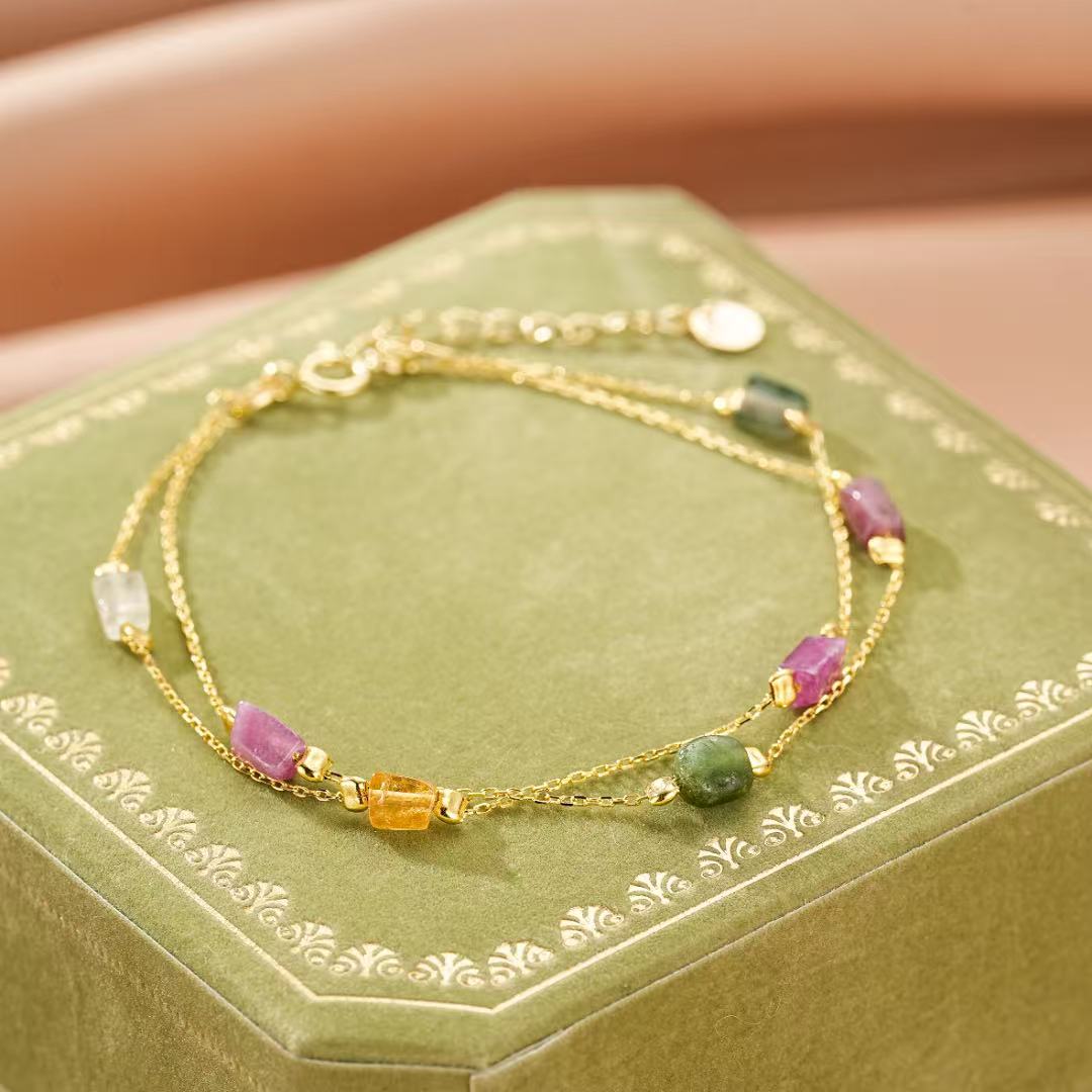 Bracelet Tourmaline – Cristaux Bruts, Argent Plaqué Or