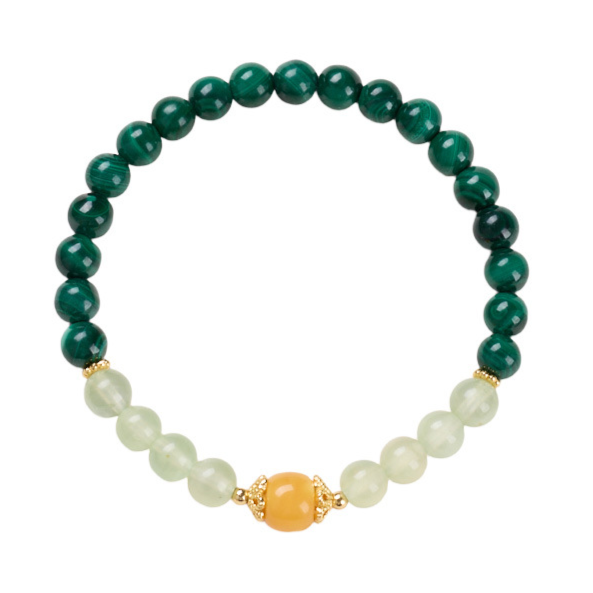 Bracelet Malachite, Préhnite et Ambre – Harmonie des Énergies