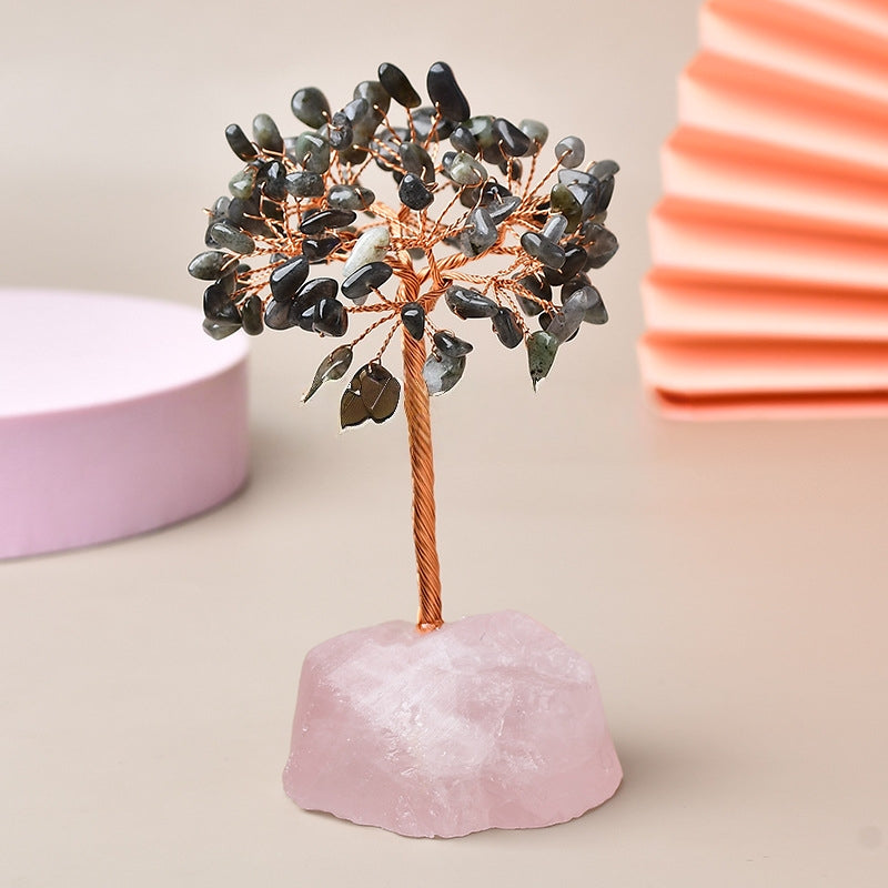 Joie de Vivre – Arbre de Vie avec Base en Quartz Rose - labradorite