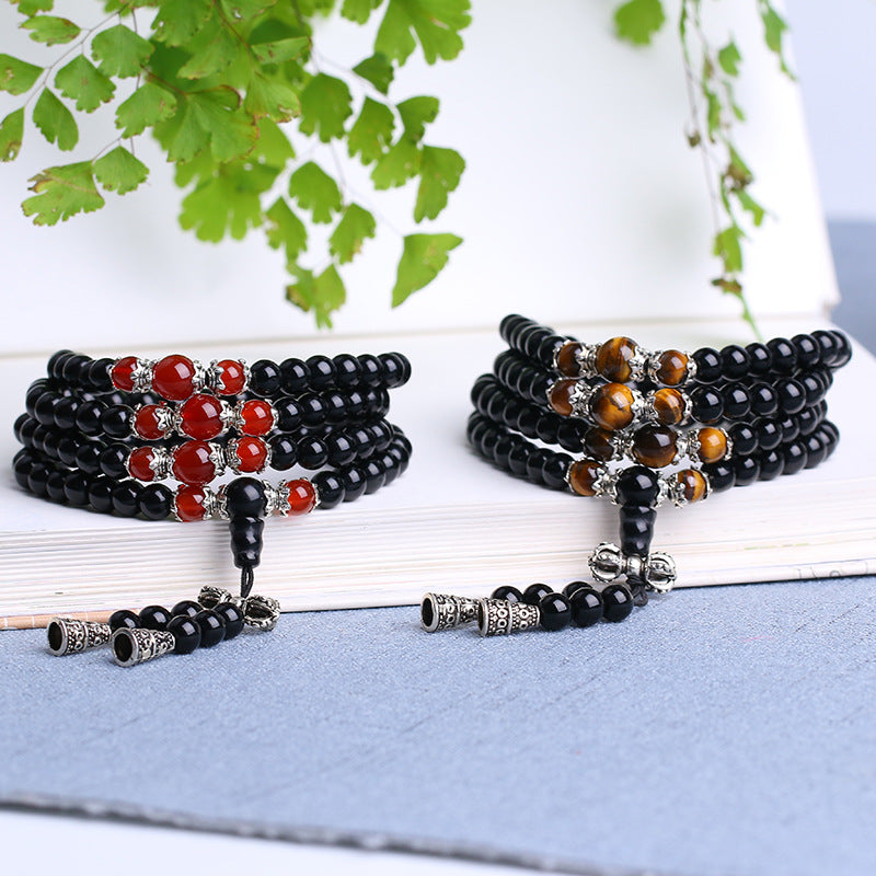 Mâlâ 'Tigridienne' 108 Beads in Obsidian, Tiger's Eye or Agate