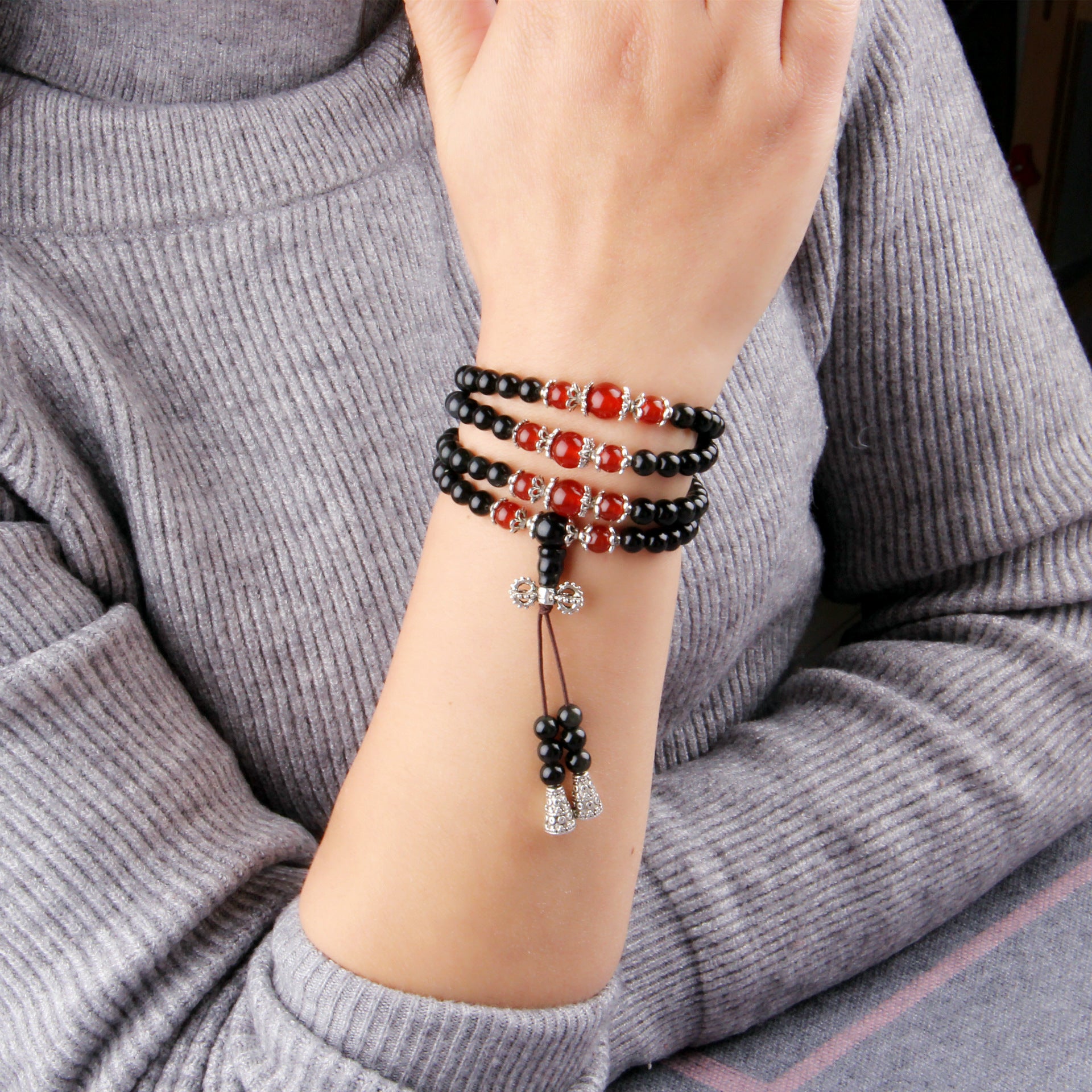 Mâlâ 'Tigridienne' 108 Beads in Obsidian, Tiger's Eye or Agate