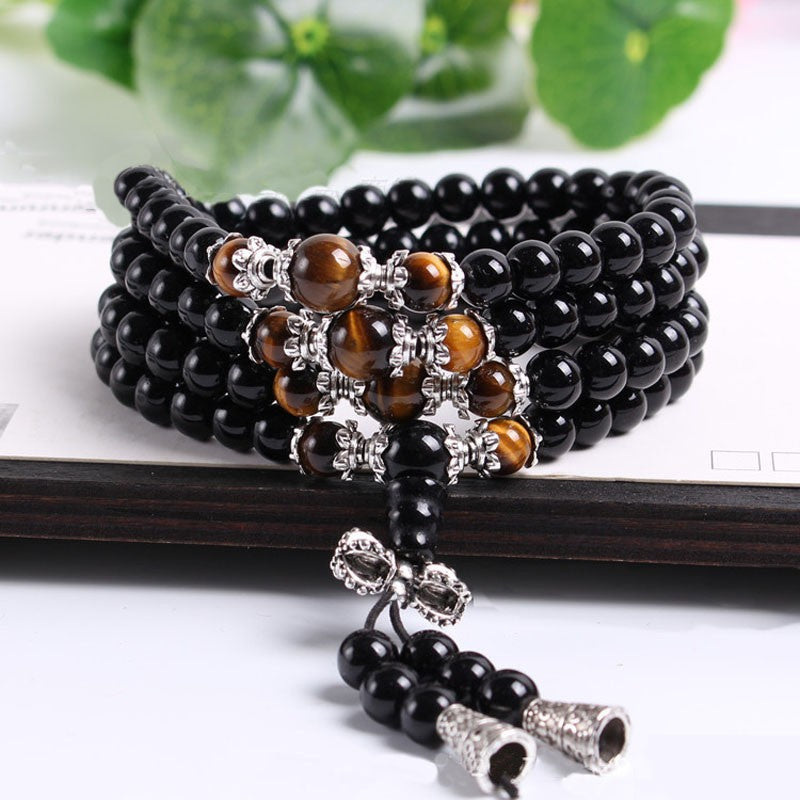 Mâlâ 'Tigridienne' 108 Beads in Obsidian, Tiger's Eye or Agate