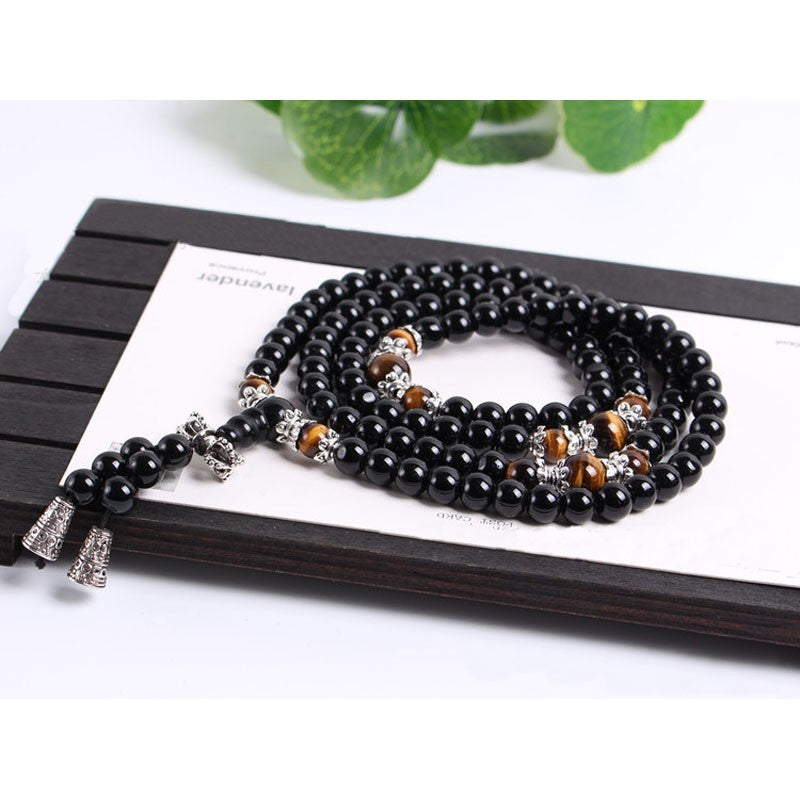 Mâlâ 'Tigridienne' 108 Beads in Obsidian, Tiger's Eye or Agate
