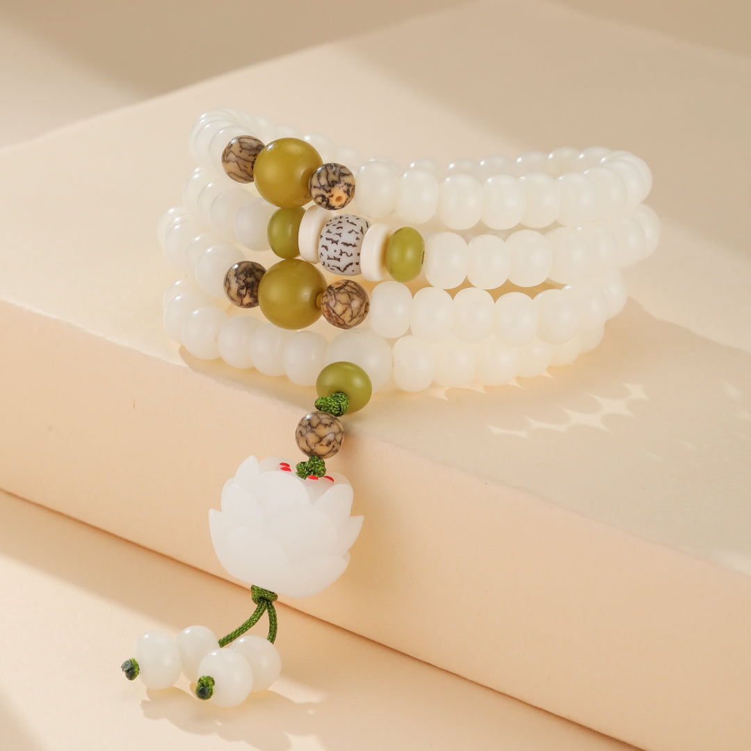 Mâlâ Jade et Graine de Bodhi – Fleur de Jade, 108 Perles