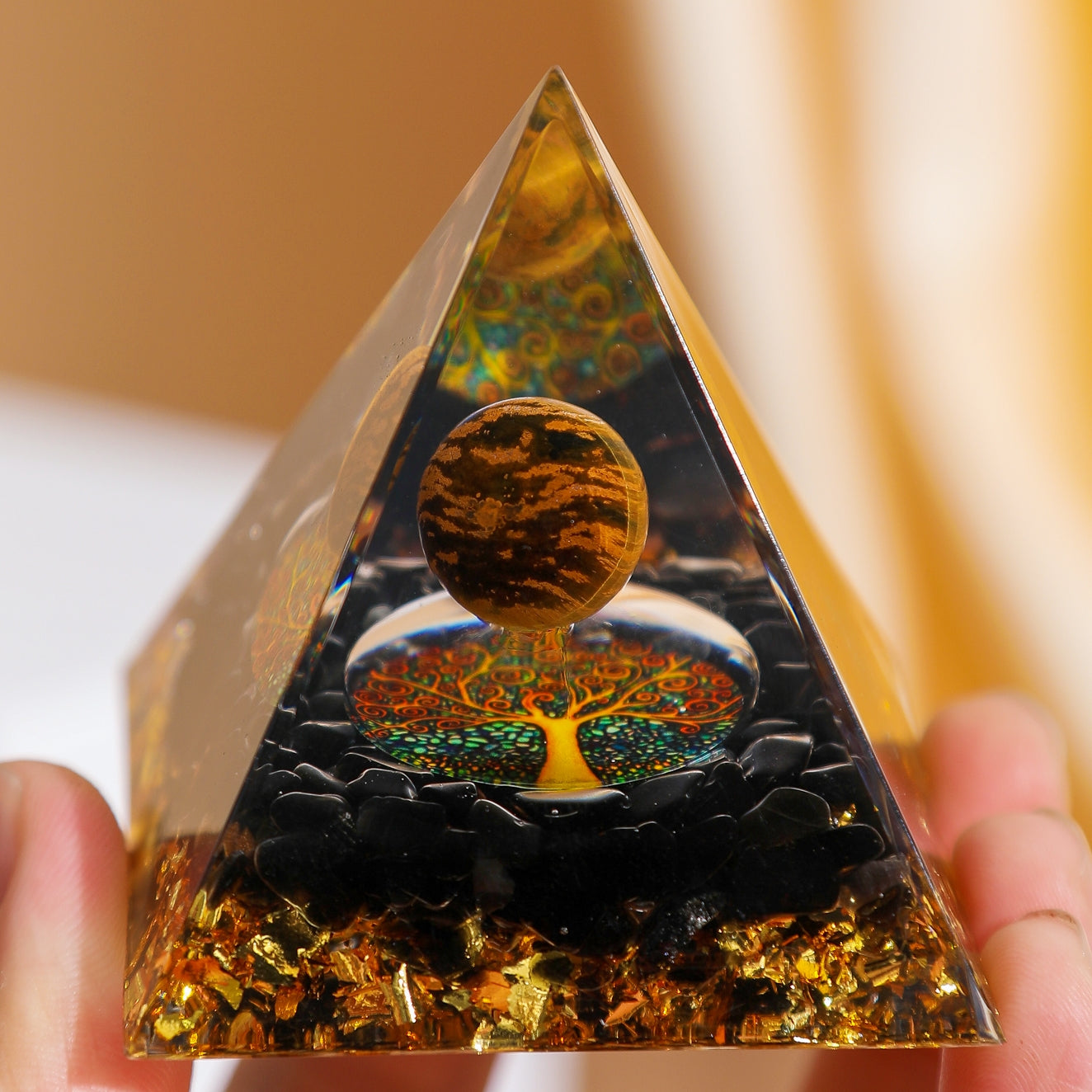 Protection – Tiger Eye and Obsidian Tree of Life Orgonite Pyramid