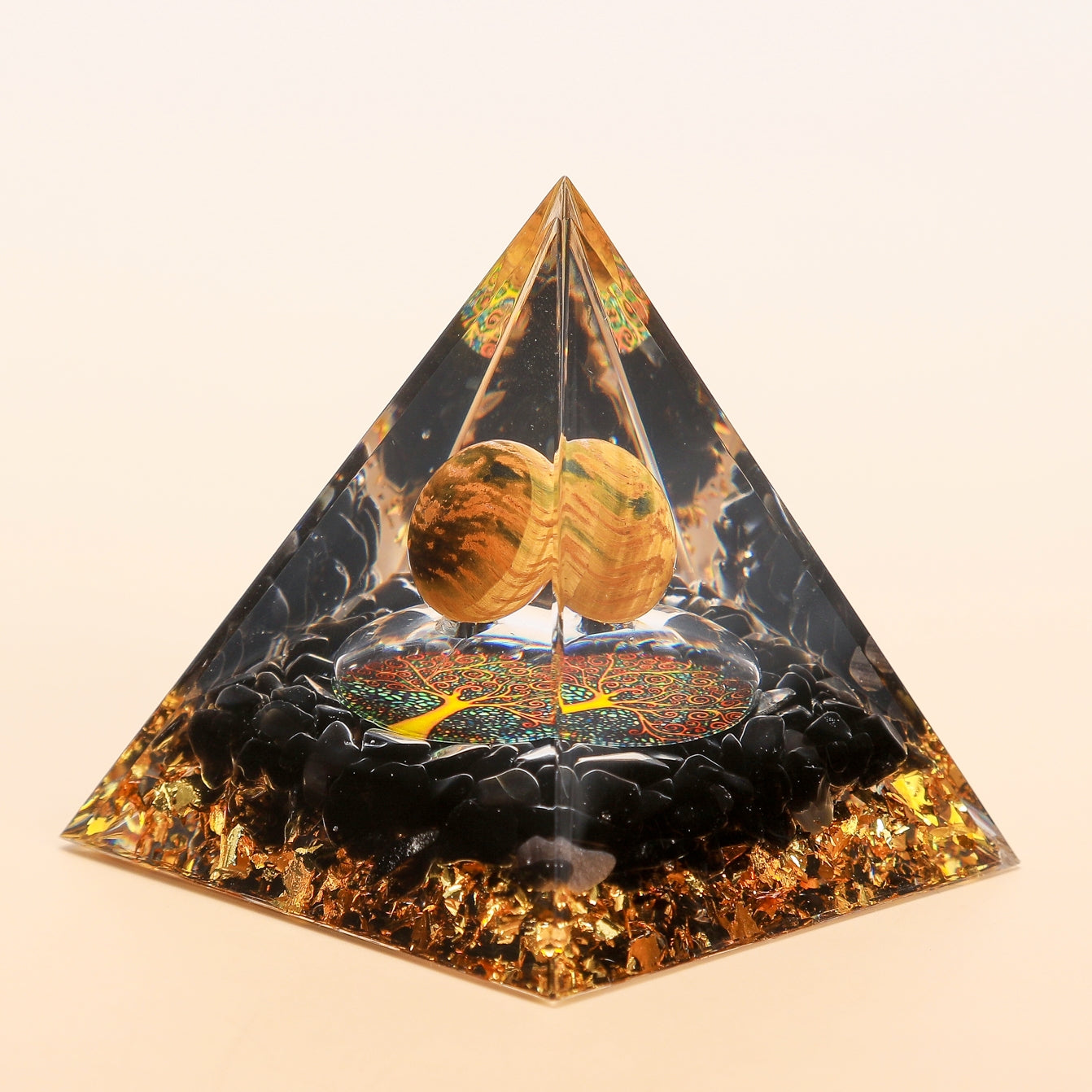 Protection – Pyramide Orgonite Arbre de Vie en Œil de Tigre et Obsidienne