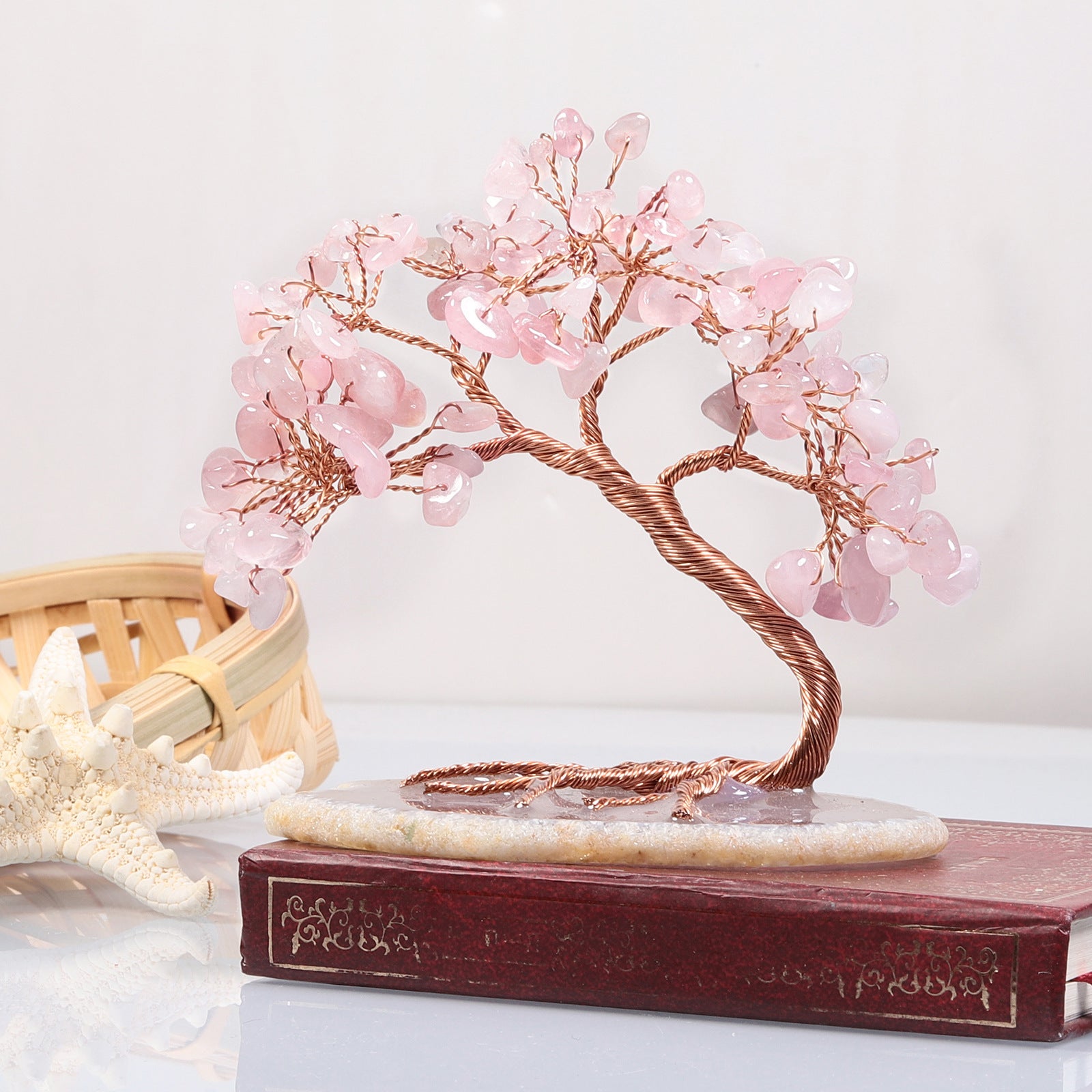 Arbre de Vie « Sagesse » Feng Shui en Quartz Rose, propice à l'amour de soi et aux relations harmonieuses.