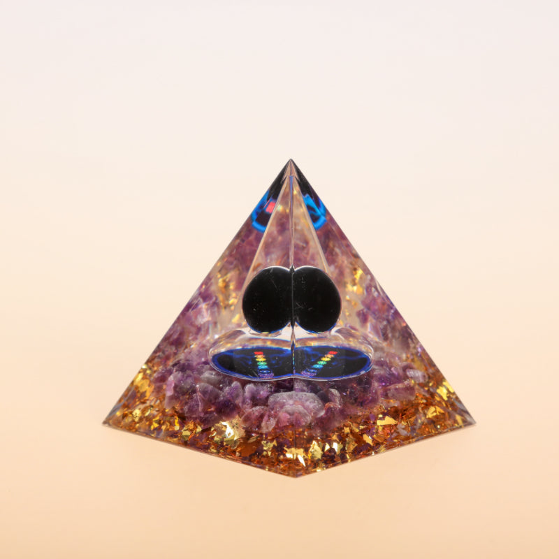 Sagesse et Protection – Pyramide Orgonite 7 Chakras en Obsidienne et Améthyste