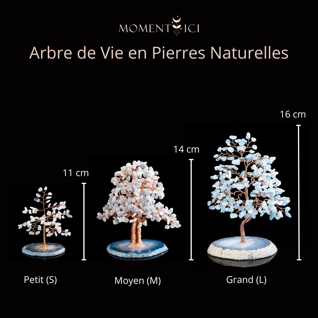 Trois arbres de vie en pierres naturelles, de différentes tailles (11 cm, 14 cm, 16 cm), avec des branches en fil de cuivre et des feuilles en aigue-marine et agate, reposant sur des socles en agate.