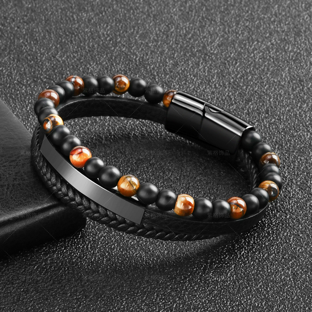 Bracelet Œil de Tigre – Primal Protecteur, Cuir - Noir