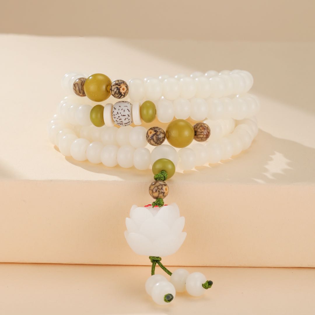 Mâlâ Jade et Graine de Bodhi – Fleur de Jade, 108 Perles