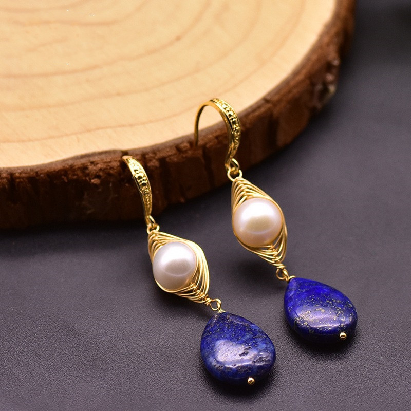 Boucles d'Oreilles 'Blanc et Bleu' en Perles et Lapis Lazuli