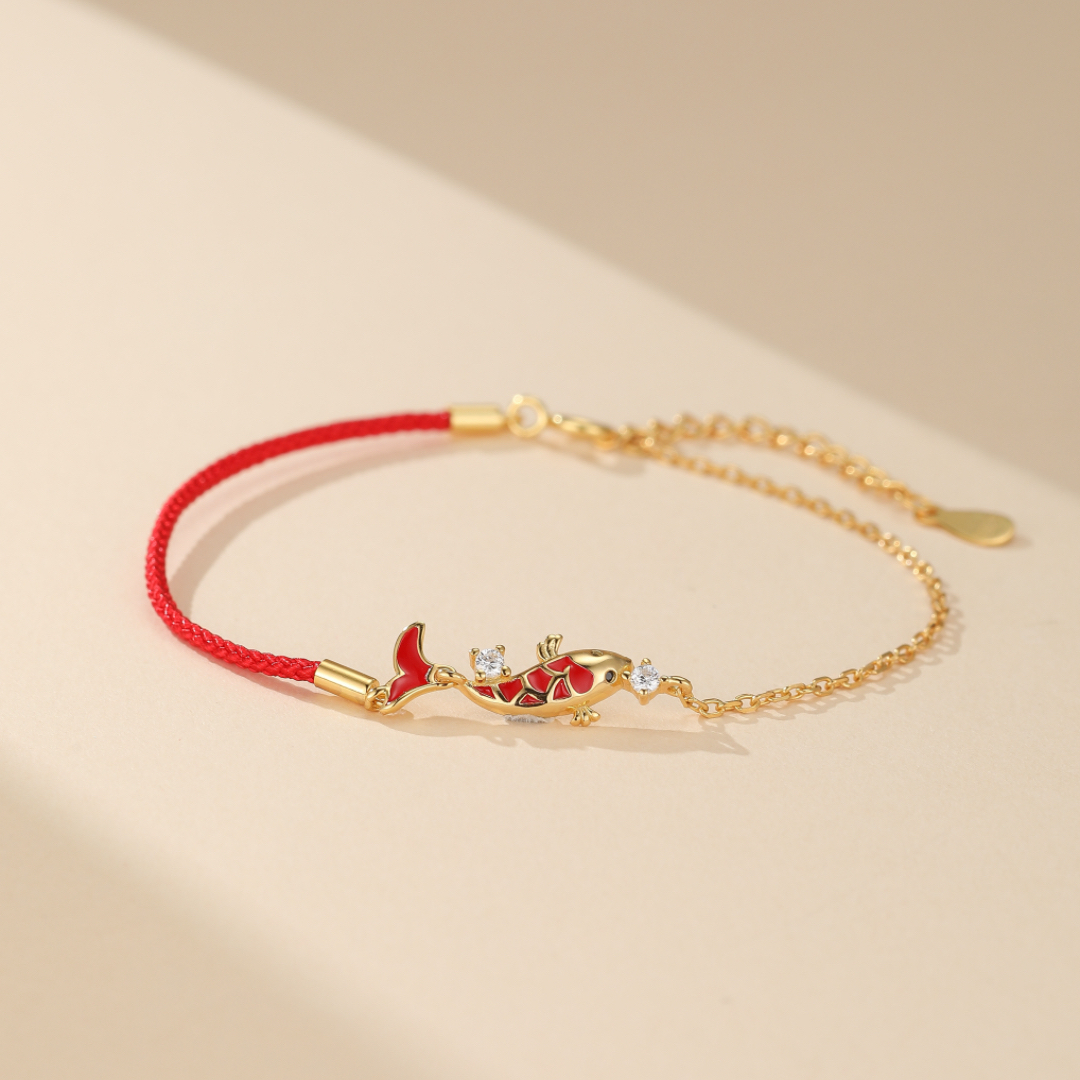 Bracelet Fil Rouge avec Carpe Koï – Chance, Argent 925