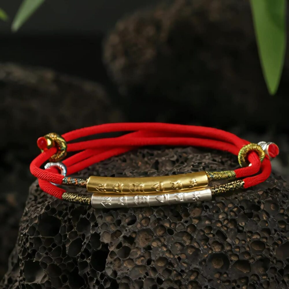 Bracelet Couple Fil Rouge Six Mantras – Mon Bonheur, Argent 999