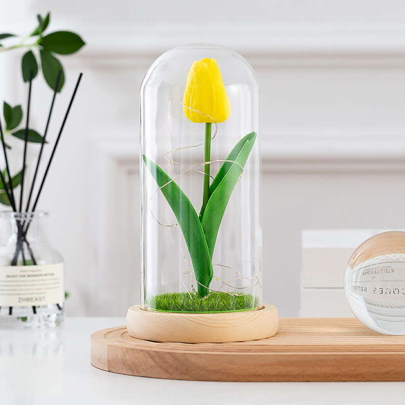 Lumière Fleur Artificielle "Tulipe Eternelle" sous Cloche avec LED