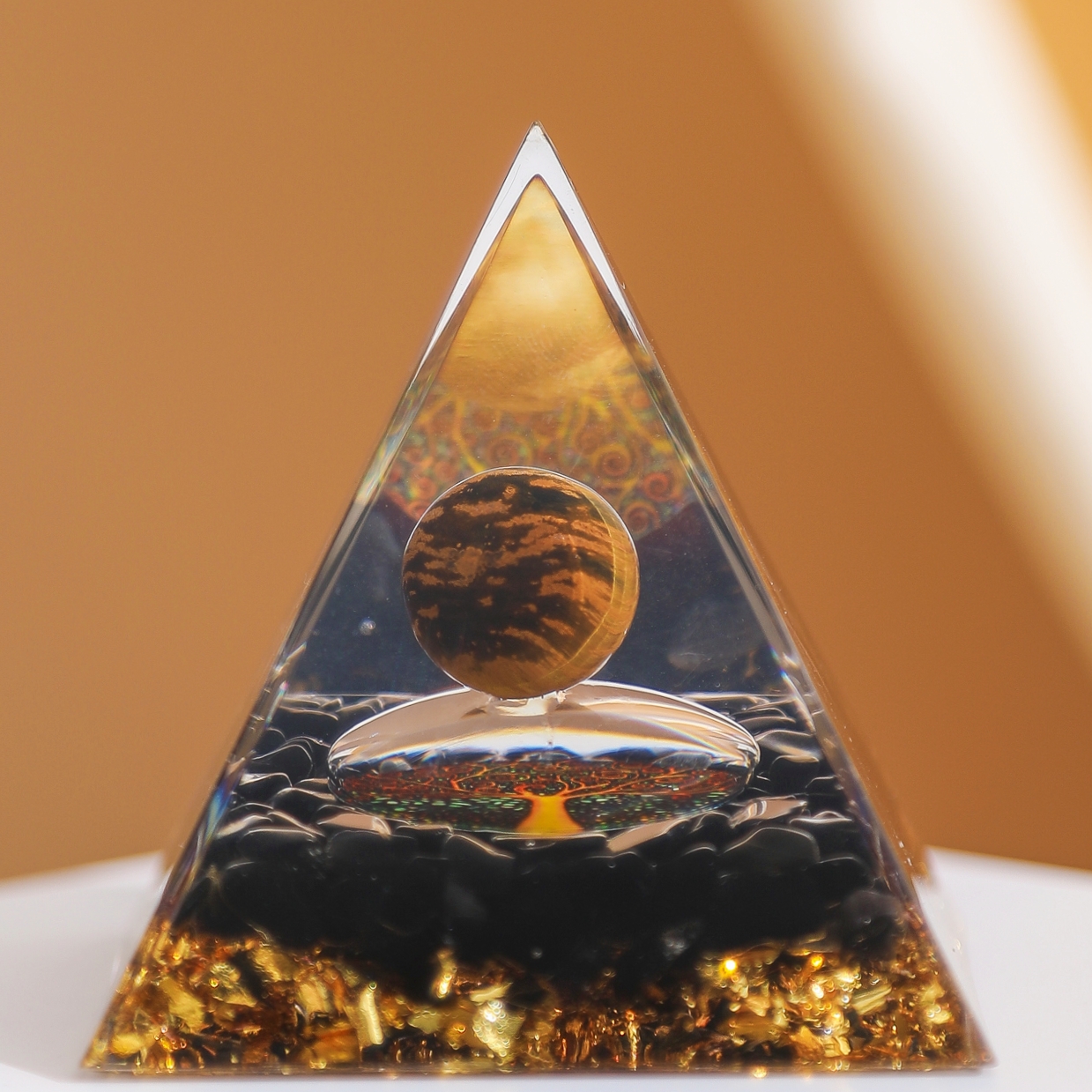 Protection – Pyramide Orgonite Arbre de Vie en Œil de Tigre et Obsidienne