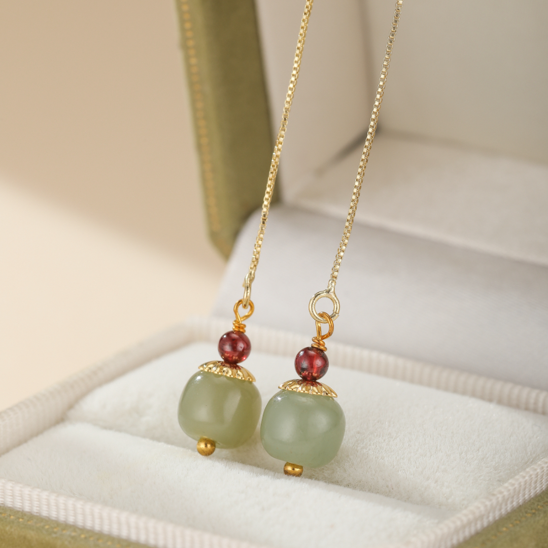 Boucles d’Oreilles Jade et Agate – Fruit, Argent Plaqué Or