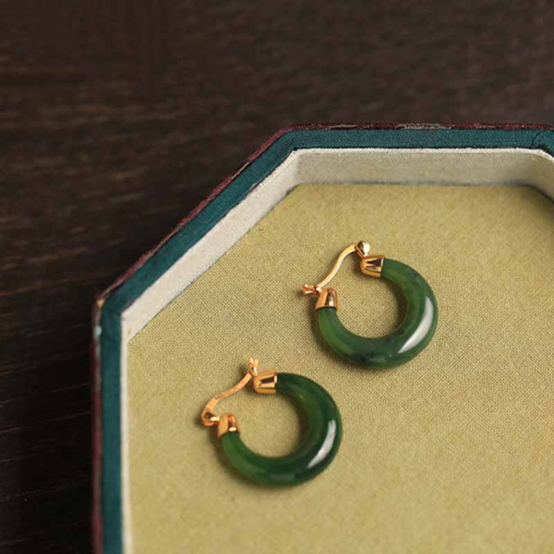 Boucles d'Oreilles Créoles Jade – Sérénité, Argent Plaqué Or