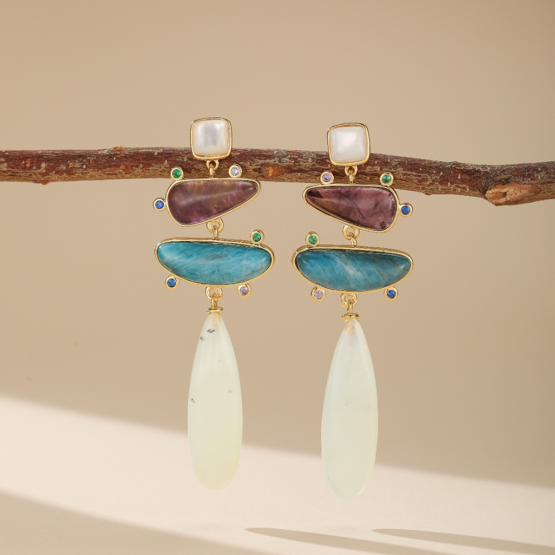 Boucles d'Oreilles Jade, Améthyste et Apatite – Éclat Serein