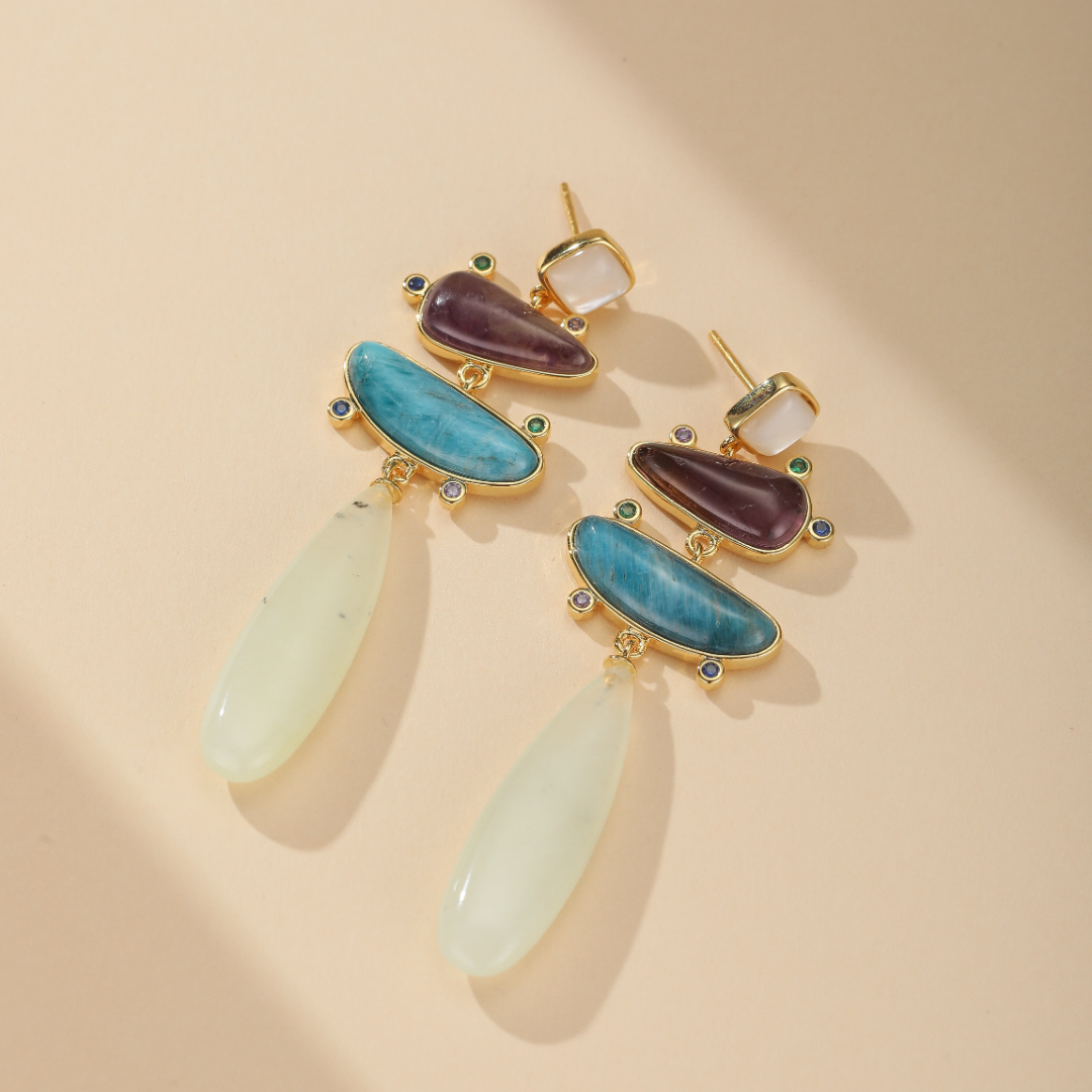 Boucles d'Oreilles Jade, Améthyste et Apatite – Éclat Serein