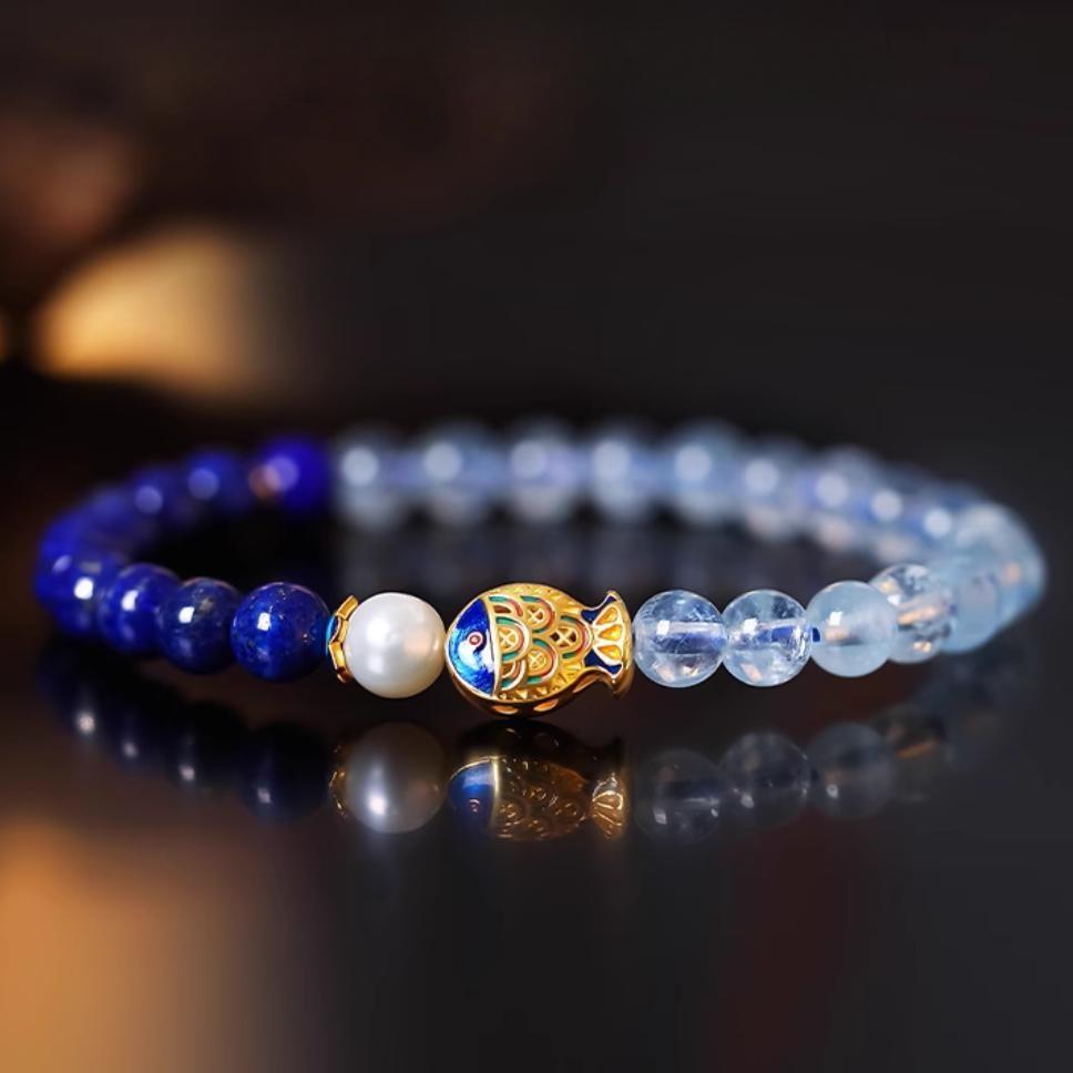 Bracelet Lapis Lazuli et Aigue Marine -- Poisson de Bonheur