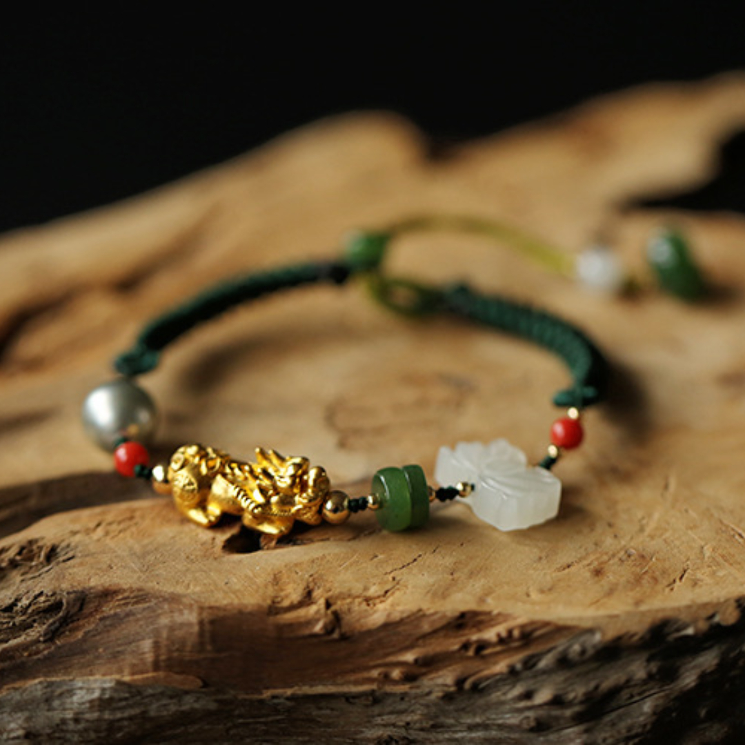 Bracelet Pi Xiu 'Fortune' en Perle, Jade et Or Pur 999