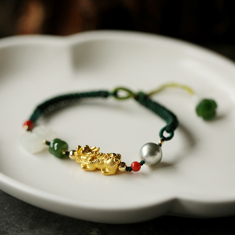 Bracelet Pi Xiu 'Fortune' en Perle, Jade et Or Pur 999